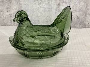 lot 219 image: Three Vintage Glass Rooster Covered Dishes in Shades of Green- Fenton