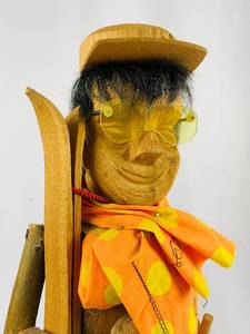 lot 68 image: Handcarved Vintage Folkart Wooden Figure - Outdoorsman with Flask and Skis