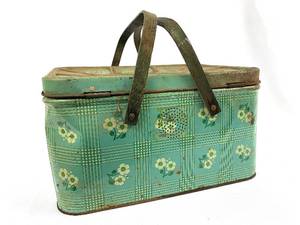 lot 70 image: Vintage Aluminum Picnic Basket and Stoneware Jug with Handle