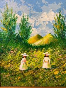 lot 40 image: Framed Oil Painting of Two Girls in a Field