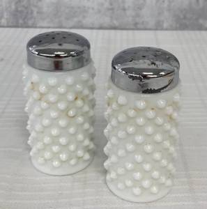 lot 54 image: Vintage Milk Glass Vases, Salt & Pepper Shakers and Candy Dish