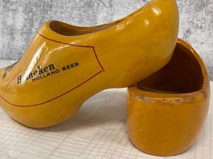 lot 55 image: Pair of Vintage Heineken Painted Wood Clogs-  Holland Beer