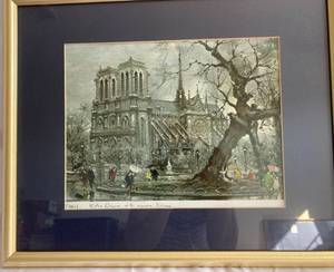 lot 116 image: Two Framed Prints Of Notre Dame and Eiffel Tower- Signed by the Artist