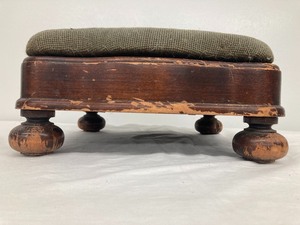 lot 86 image: Square Embroidered Stool w Vintage Wooden Tools & Meat Grinder