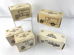 lot 340 image: A Collection of 5 Vintage Die-Cast Vehicle Replica Coin Banks - featuring brand Reeses and Iowa - Herky the Hawk