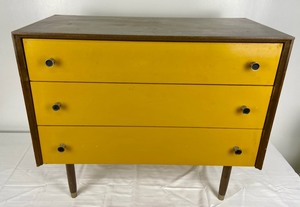 lot 168 image: Mid-Century Wood Dresser - Yellow-Gold with Black Knobs
