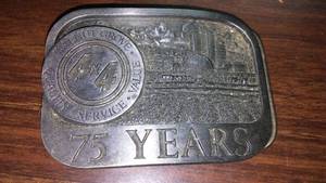 lot 220 image: 75 year belt buckle, Walnut Grove, livestock. # 3100 of 5000. Illinois.