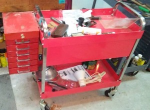 lot 421 image: Red Roller cart locking side cabinet and contents.