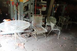 lot 613 image: Metal Patio Set  with Umbrella Table, Chairs, High-Back Chairs