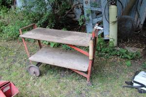 lot 634 image: Metal Utility Cart 2-wheel 2-wood shelf