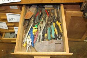lot 694 image: Lot of Hand Tools (in 1 drawer)  - Locking Pliers, Snips, Leather Holsters, Misc. Hand Tools
