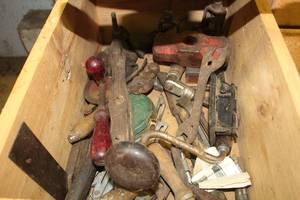 lot 703 image: Lot of Vintage Hand Tools (in 1 drawer)  - Hand Drills, Sledgehammer Head, Wrenches and more