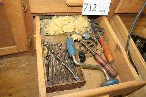 lot 713 image: Vintage Hand Tools (in 1 drawer)  with Hand Drills, Drill Bits, Soldering Iron