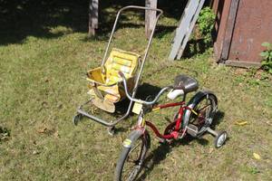 lot 749 image: Vintage Baby Stroller, Schwinn Childrens Bike with Training Wheels
