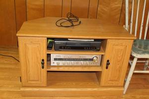 lot 756 image: Vintage Kenwood Kenwood AM FM Stereo Receiver KR-2600, Panasonic VCR PV-7401, Wood Entertainment Center