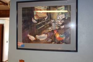 lot 779 image: Roosters by Ken C. Grindeland Watercolor Painting in Frame and glass