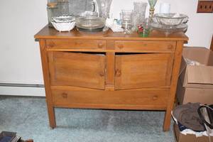 lot 814 image: Vintage Wood Dining Hutch Cabinet on wheels circa 1916