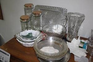 lot 823 image: Kitchenwares  with Glass Jars, Pie Pans, Cake Pans, Serving Plates, Silver Serving Platters