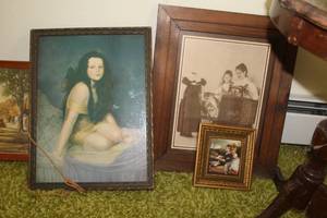 lot 847 image: Lot of (3) Framed Wall Art  - Angel Girl, Kids Portrait, Mom and Daughter Sewing