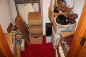 lot 839 image: Craft and Quilting Supplies, My Lock Electronic Controlled Serger Machine (in closet)