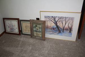 lot 838 image: Lot of (4) Artwork  - Owatonna Minnesota 1883 State Fair in Wood Frame with Matte, Old Building Portrait signed in Wood Frame with Matte, Flower in Wood Frame, Cabin in Winter