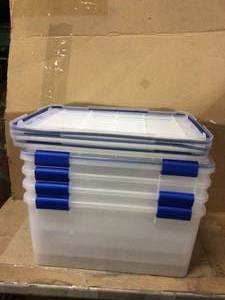 RIS WEATHERTIGHT 60 Qt. Multi-Purpose Storage Box in Clear with Blue Buckles (4-Pack) Customer Returns See Pictures