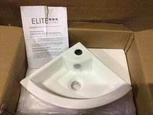 lot 14 image: Elanti Wall-Mounted Corner Bathroom Sink in White Customer Returns See Pictures