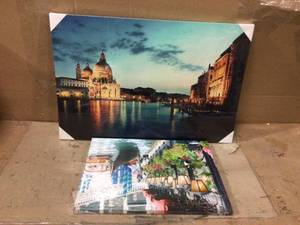lot 34 image: 11.75 in. x 15.75 in. LED Lighted Floral Shop with Gondola Ride Canvas Wall Art Customer Returns See Pictures