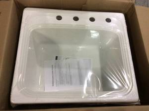 lot 90 image: Thermocast Wellington Drop-in Acrylic 25.in 4-Hole Single Bowl Kitchen Sink in White Customer Returns See Pictures