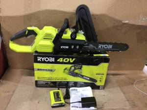 lot 98 image: RYOBI 40V Brushless 14 in. Cordless Battery Chainsaw with 4.0 Ah Battery and Charger Customer Returns See Pictures