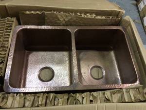 lot 23 image: Rivera All-in-One Undermount Copper 32.25 in. 5050 Double Bowl Kitchen Sink with Pfister Ashfield Faucet and Drains Customer Returns See Pictures