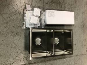 lot 113 image: All-in-One Tight Radius Stainless Steel 31 in. 18-Gauge Double Bowl Undermount Kitchen Sink with Pull Down Faucet by Glacier Bay