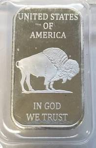 lot 57 image: 1 TROY OZ. .999 FINE SILVER BAR INDIAN BUFFALO DESIGN SEALED