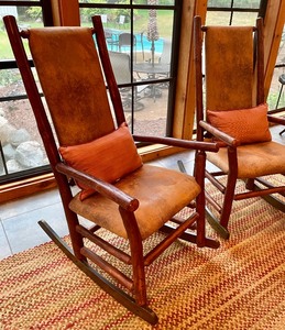 lot 15 image: Pair of Lovely Old Hickory Leather High Back Rocking Chairs