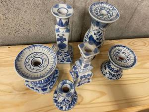 lot 252 image: Ceramic White and Blue Candle Holders