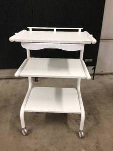 lot 1 image: White 3 Tier Mobile Laptop Storage Rack Desktop Cart - Good Condition