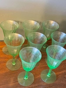 lot 102 image: Green Depression Etched Wine Glasses