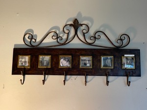 lot 143 image: Tin Family Sign, Retirement Sign, Picture frame coat hooks