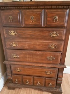 lot 213 image: Vintage Bassett Tall Boy Dresser, Lions Head Pulls
