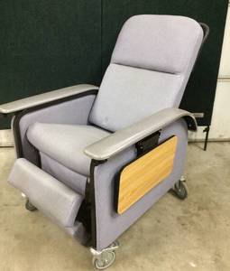 lot 5 image: MSRP $3300 Top Of The Line Stryker Clinical Care Mobile Recovery Recliner With Dual Wood Grain Flip Up Tables- GREAT CONDITION