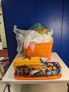 lot 357 image: Miscellaneous Tackle & Tote Lot - Cellophane, Epoxy and Fletching Jig