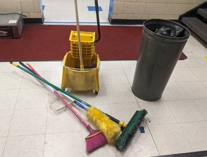 lot 167 image: Cleaning Lot Mop & Bucket, Brooms, Garbage Can