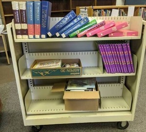 lot 145 image: Single-Sided Metal Library Book Cart w Books