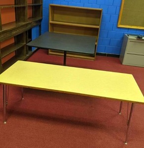 lot 130 image: Rectangular Table, Square Black Table, & Bookshelf