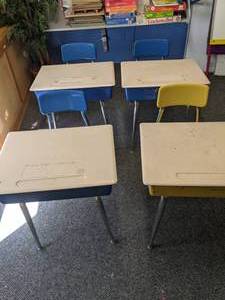 lot 109 image: Lot of 27 Kids School Desks w Attached Chairs