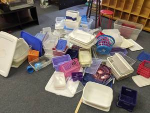 lot 121 image: Large Lot of Containers & Bins,  & (2) Stools