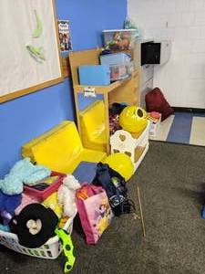 lot 102 image: Tall Metal Filing Cabinet, Changing TableCraft Desk, & Lots of Toys
