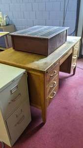 lot 155 image: Desk, Filing Cabinet, & Step Box