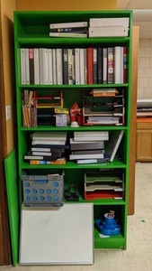 lot 113 image: Tall Green Shelf, Binders, ActivArena 50, & Misc School Supplies