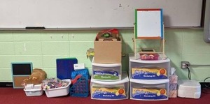 lot 180 image: Mixed Lot of Teacher Supplies Imagine It Kits, Kids Easel, Clipboards, Foam Stickers, Word Ring, & More